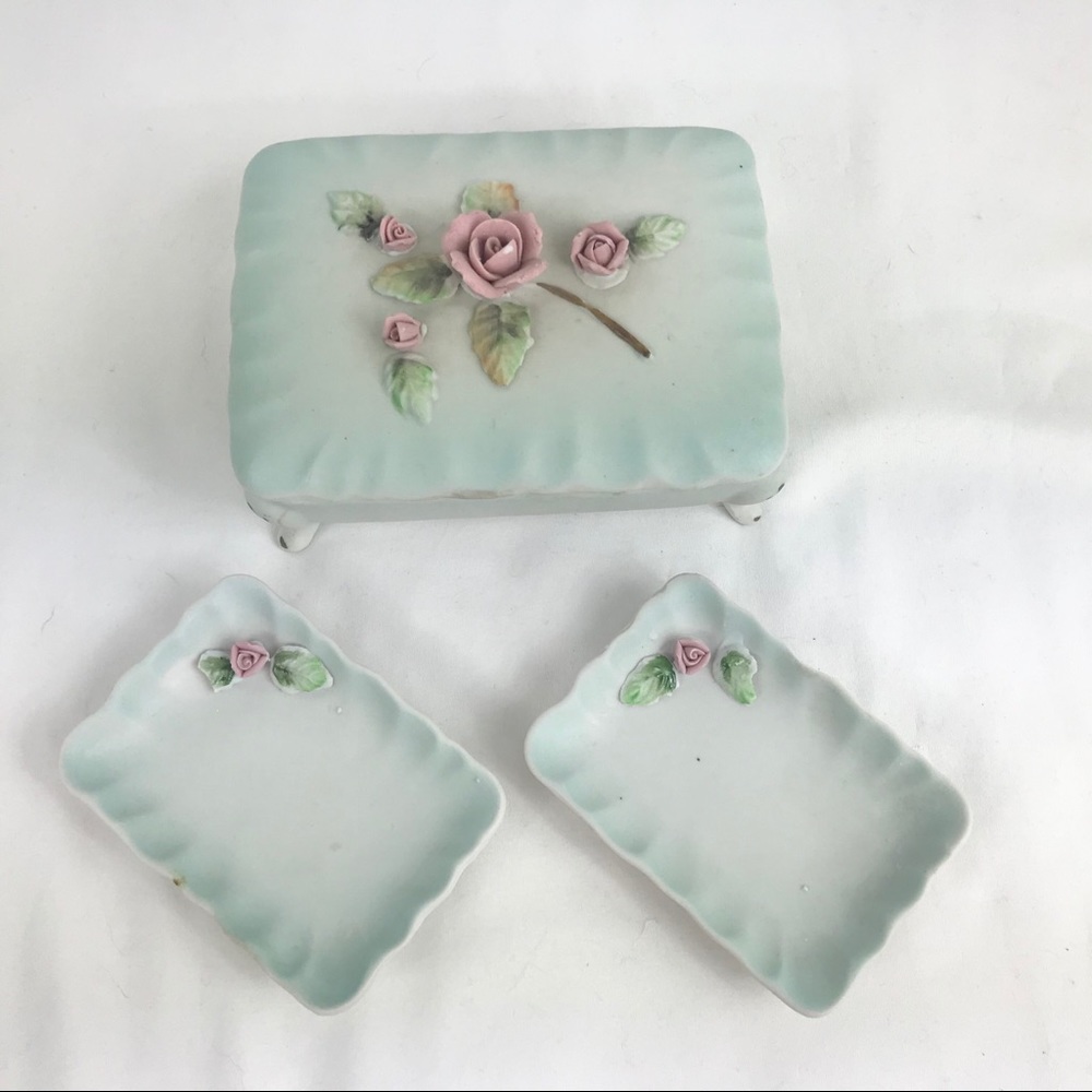 Vntg Tilso Japan Blue Bisque Ladies Cigarette Box